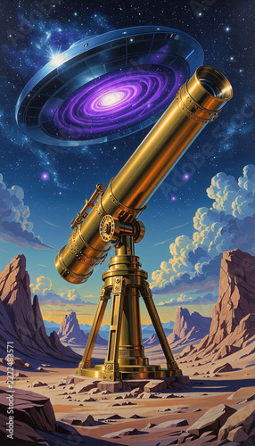 Telescope observing galaxy in a surreal desert landscape  