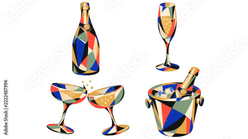 Colorful Mosaic Champagne Bottle Glasses and Ice Bucket Set