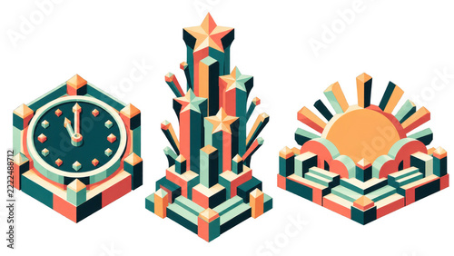Isometric Retro S of Clock Stars and Sun