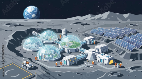 Futuristic Lunar Colony with Biodomes and Solar Panels.