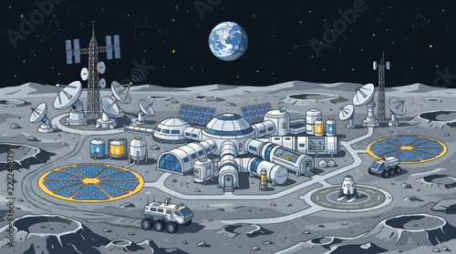 Futuristic Lunar Colony Base with Earth in the Background.
