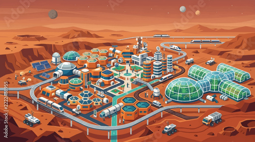 Futuristic Mars Colony Cityscape with Domes and Transportation.