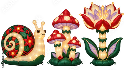 Festive Illuminated Lawn Decorations with Snail Mushrooms and Flower