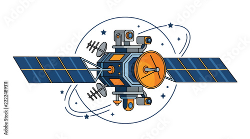 Modern Satellite Orbiting Earth with Solar Panels Extended.