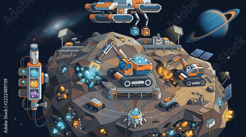 Space mining operation on an asteroid with construction vehicles.