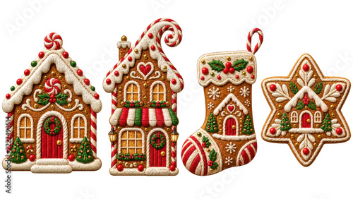 Set of Embroidered Christmas Gingerbread Houses and Stocking