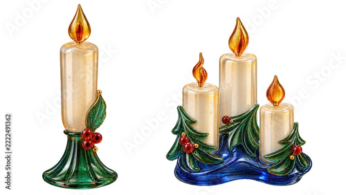 Decorative Glass Christmas Candles with Holly and Fir Trees