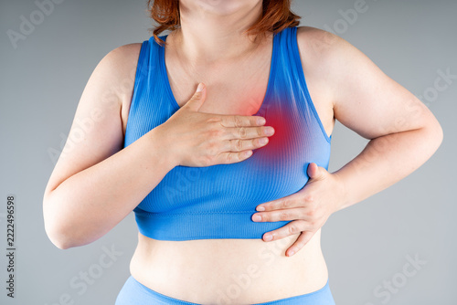 Pain in female breast test, woman in blue bra examining her breasts for cancer, mastitis ore mastopathy disease, health problems concept
