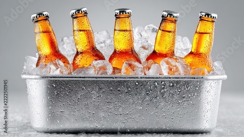 Six Bottles of Beer Chilled in Ice Bucket for Refreshing Drink.