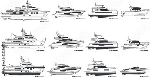 Luxury Yacht and Marine Vessel Collection with Superyachts Motor Cruisers and Modern Boat Profiles