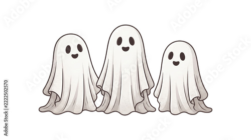 Three Cute Cartoon Ghost Characters Wearing Sheets.