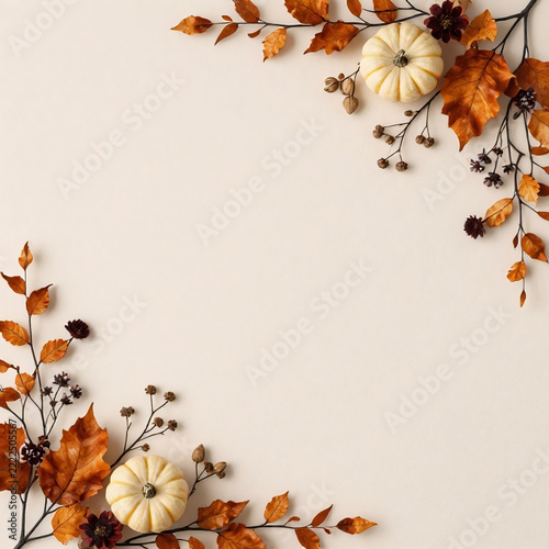 Autumn flat lay frame with white pumpkins and dry leaves