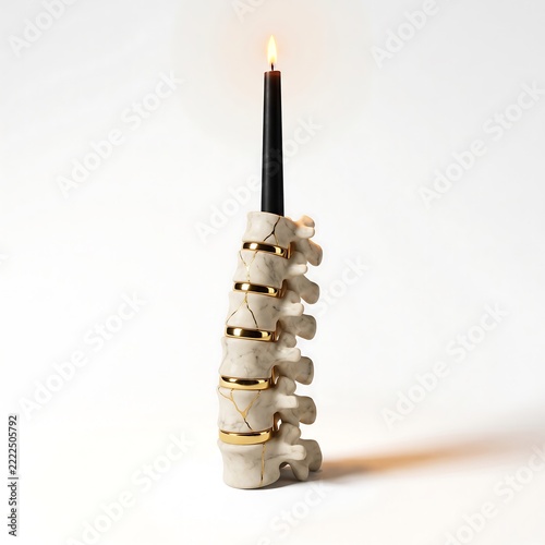 Spine sculpture holding a burning black candle against a plain bright backdrop.