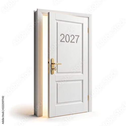 White door slightly open revealing bright light with year 2027 printed.