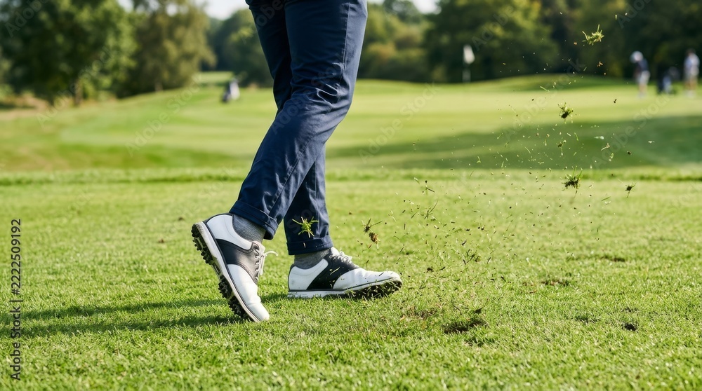 Obraz premium A golf player hits the ball and makes grass fly on the course.