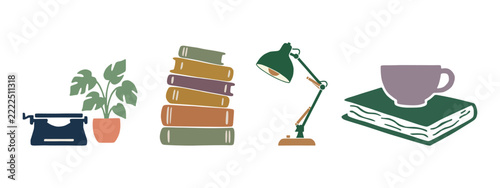 Vintage literature and writer workspace set with typewriter desk lamp stack of books