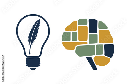 Creative writing idea lightbulb with feather quill and puzzle brain intellect concept