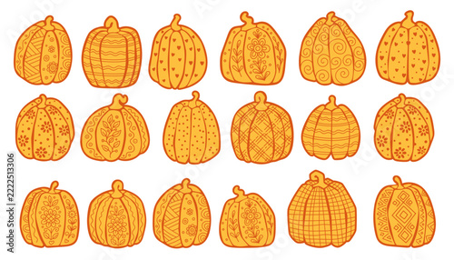 Autumn stylized pumpkin vector icons set, isolated harvest pumpkins with ornaments on white