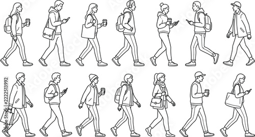 People Walking Sequence Illustration. Line Art Figures in Various Poses, Showcasing Urban Movement and Daily Routines.