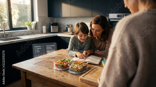 AI Family Meal Planning Helping Parent and Child Prepare Healthy Lunch in Smart Home Kitchen, AI Meal Planning, Family Meal Prep, Smart Kitchen