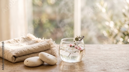 Serene Glass Water with Flowers Wooden Surface