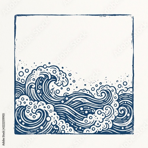 Bubbling water waves in a square linocut design  
