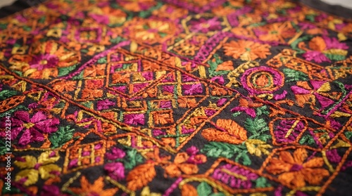 Colorful traditional Indian embroidery pattern with floral and geometric motifs