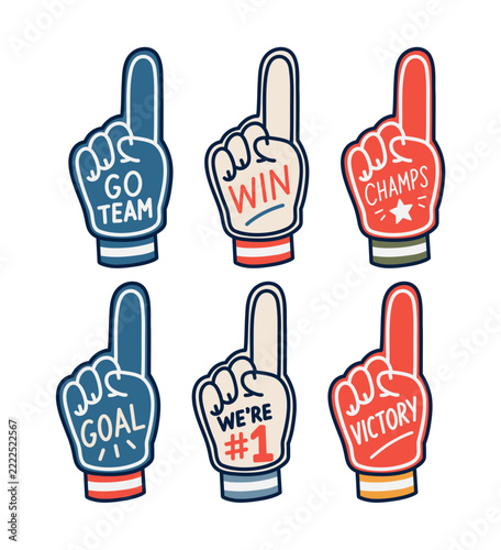 Hand Drawn Sports Foam Finger Sticker Set with Go Team, Winner, Champions, Goal, Number One and Victory Fan Cheer Designs, Sports Fan Foam Finger Clipart Collection with Team Spirit