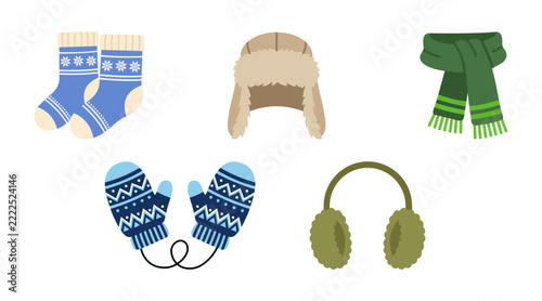 Set of winter clothing accessories including socks, hat, scarf, mittens, and earmuffs.
