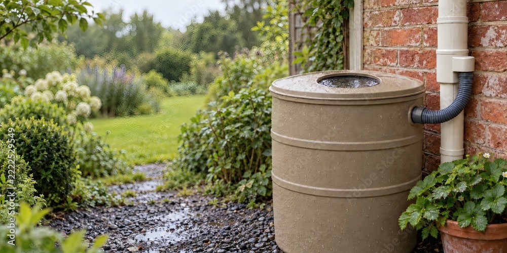 Obraz premium Rainwater tank connected to brick outbuilding downpipe. Curved pipe directs runoff into storage vessel beside gravel path. Garden setting for rainwater harvesting and sustainable outdoor irrigation.