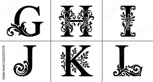 Ornate alphabet letters G, H, I, J, K, L set with floral decoration, monogram