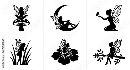 Fairy silhouettes set with butterflies, moons and flowers for fantasy logos