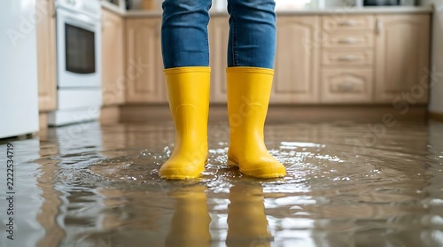 Person wearing yellow rubber boots standing in flooded kitchen with water reflections on floor during home disaster repair.