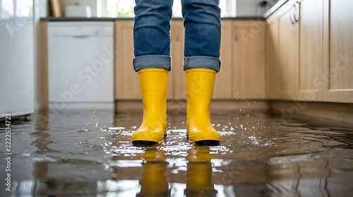Person wearing yellow rubber boots standing in flooded kitchen with water reflections on floor during home disaster repair.