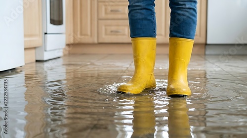 Person wearing yellow rubber boots standing in flooded kitchen with water reflections on floor during home disaster repair.