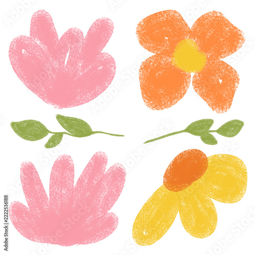 Flowers Crayon Elements Set of Children Hand-Drawn Style in Trendy Color.