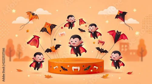 Cute Halloween Vampire Characters with Bats and Podium for Product Display Illustration