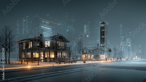 Modern Cityscape at Night with Illuminated Buildings.