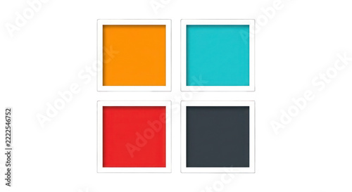 Four Color Blocks in White Frames, Abstract Geometric Design, Bright Orange, Teal, Red, Dark Gray