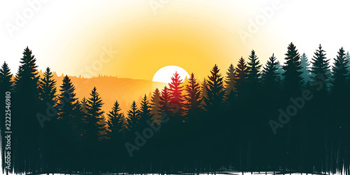 Sunrise over dark pine forest silhouette with hazy mountains and glowing orange golden sky landscape