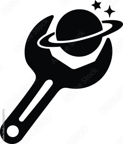 Open End Wrench with Ringed Planet and Stars Space Engineering Vector