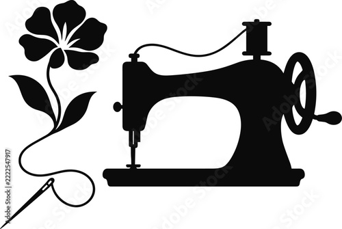 Vintage Sewing Machine with Flowers Thread Spool and Scissors Vector