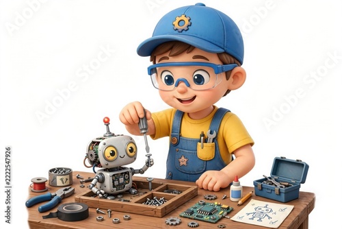Boy repairing cute robot toy with tools