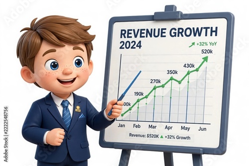 Cartoon boy presenting revenue growth chart 2024