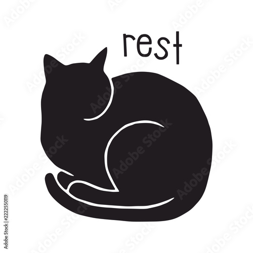 Minimalist sleeping black cat silhouette with rest text typography illustration