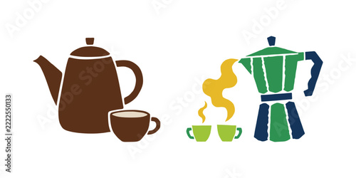 Vintage retro coffee and tea maker set with moka pot teapot and cups