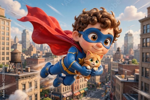 Cartoon superhero pig flying over a city with a red cape