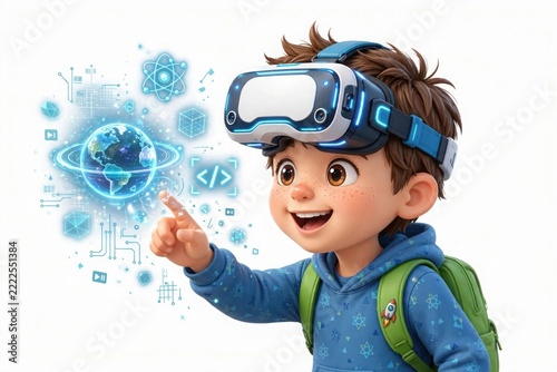 Boy wearing vr headset interacting with digital elements