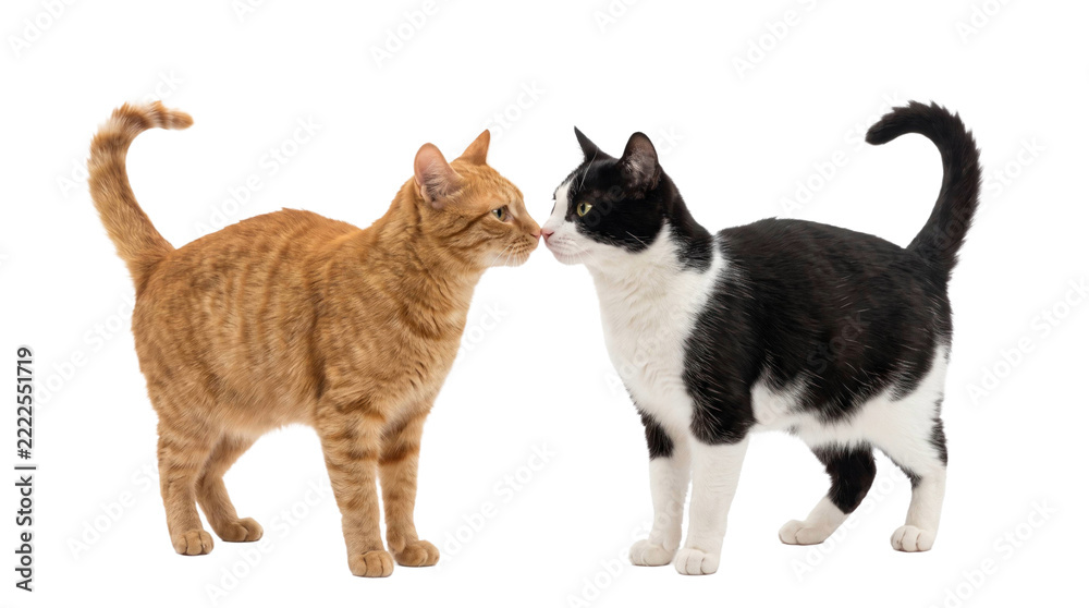 Fototapeta premium Ginger and black-white cats interacting on a transparent background