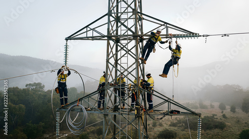 High-altitude electrical maintenance workers performing safety checks on power lines at a transmission tower amidst natural